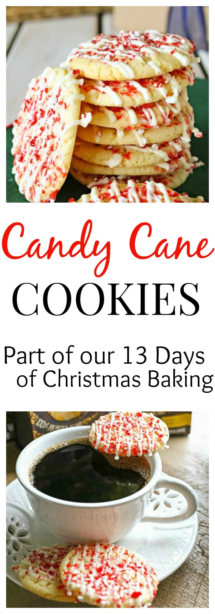 A delicious Candy Cane Cookie, perfectly soft and drizzled with white chocolate, it is the perfect cookie for dipping in your hot cocoa!
