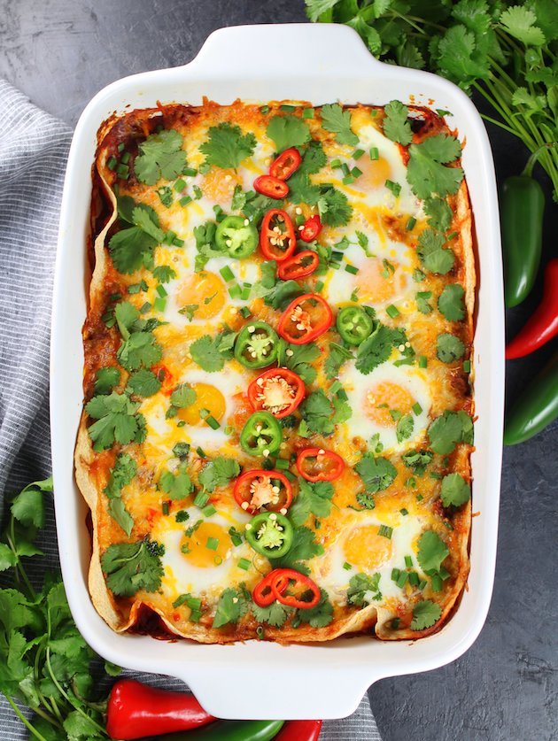 White rectangular casserole dish with Huevos Rancheros casserole