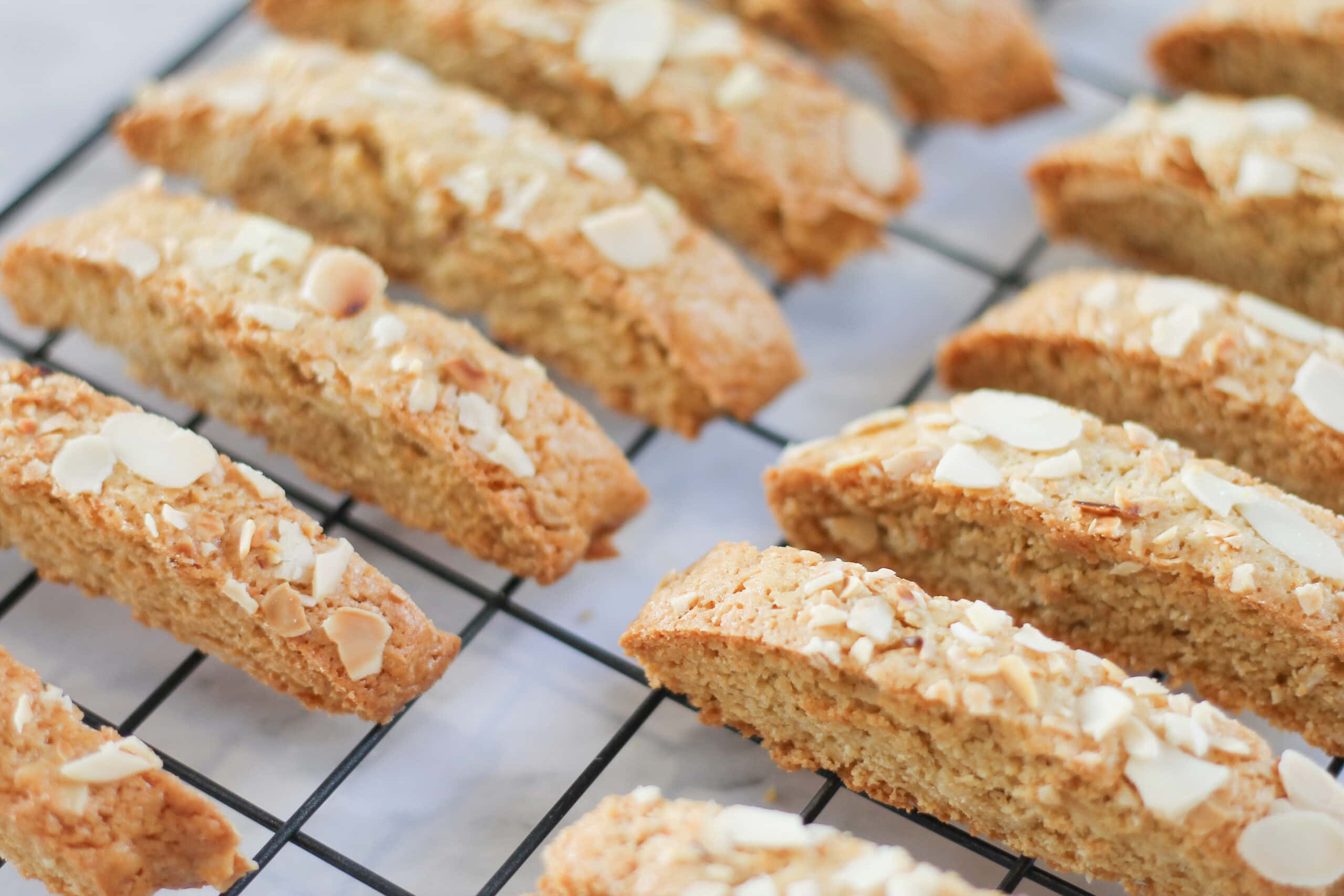 Almond biscotti on cooling rack